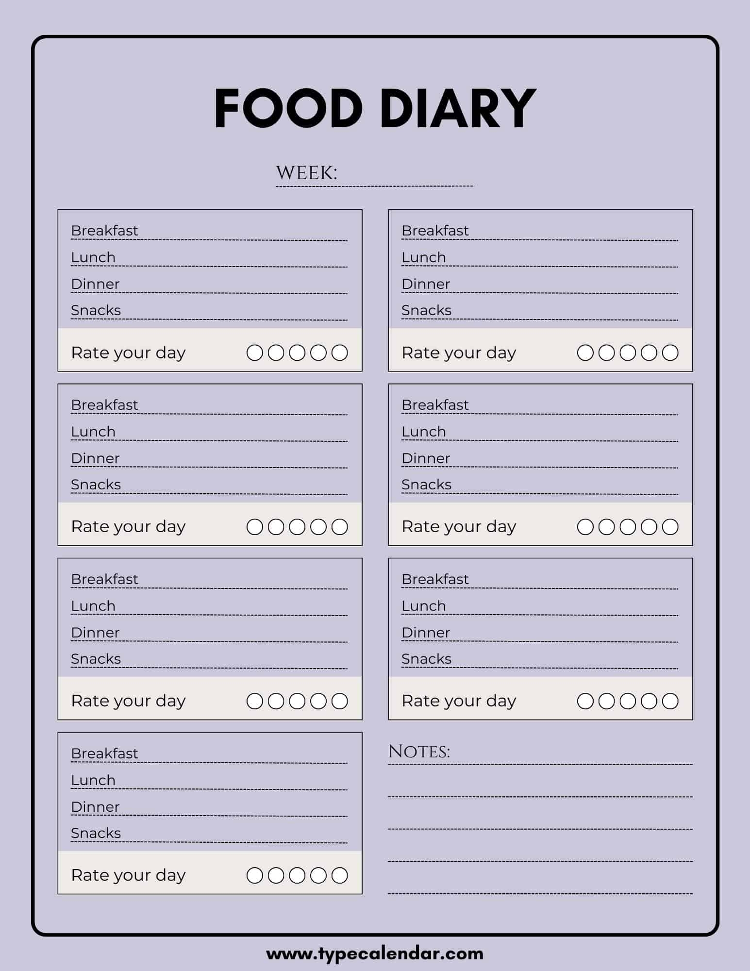 Printable Food Diary Sheets