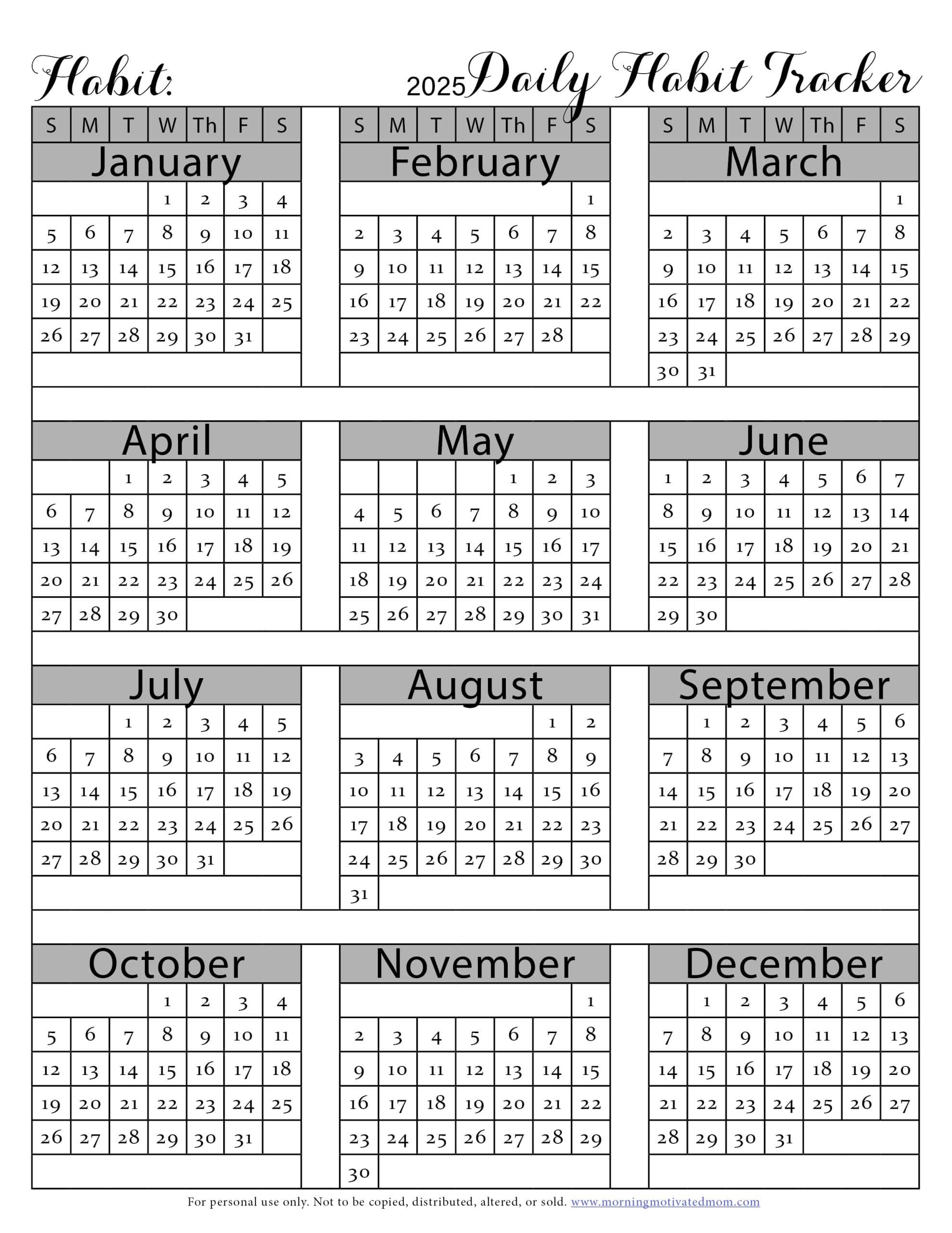 Printable Habit Calendar