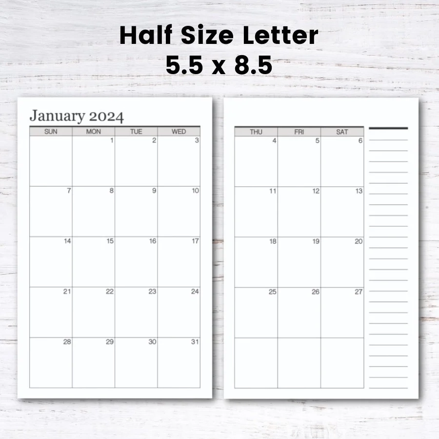 Printable Half Page Calendar