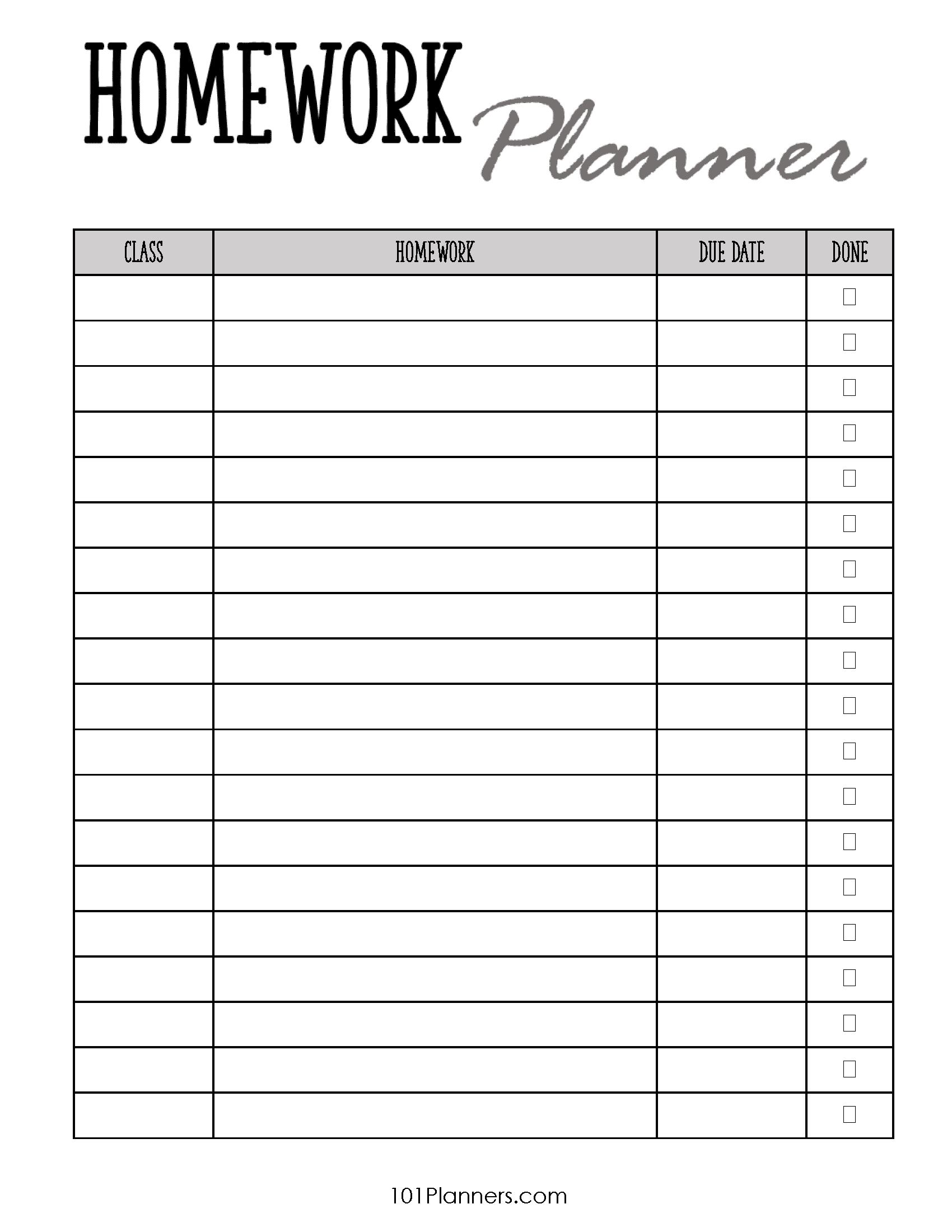 Homework Chart Free Printable