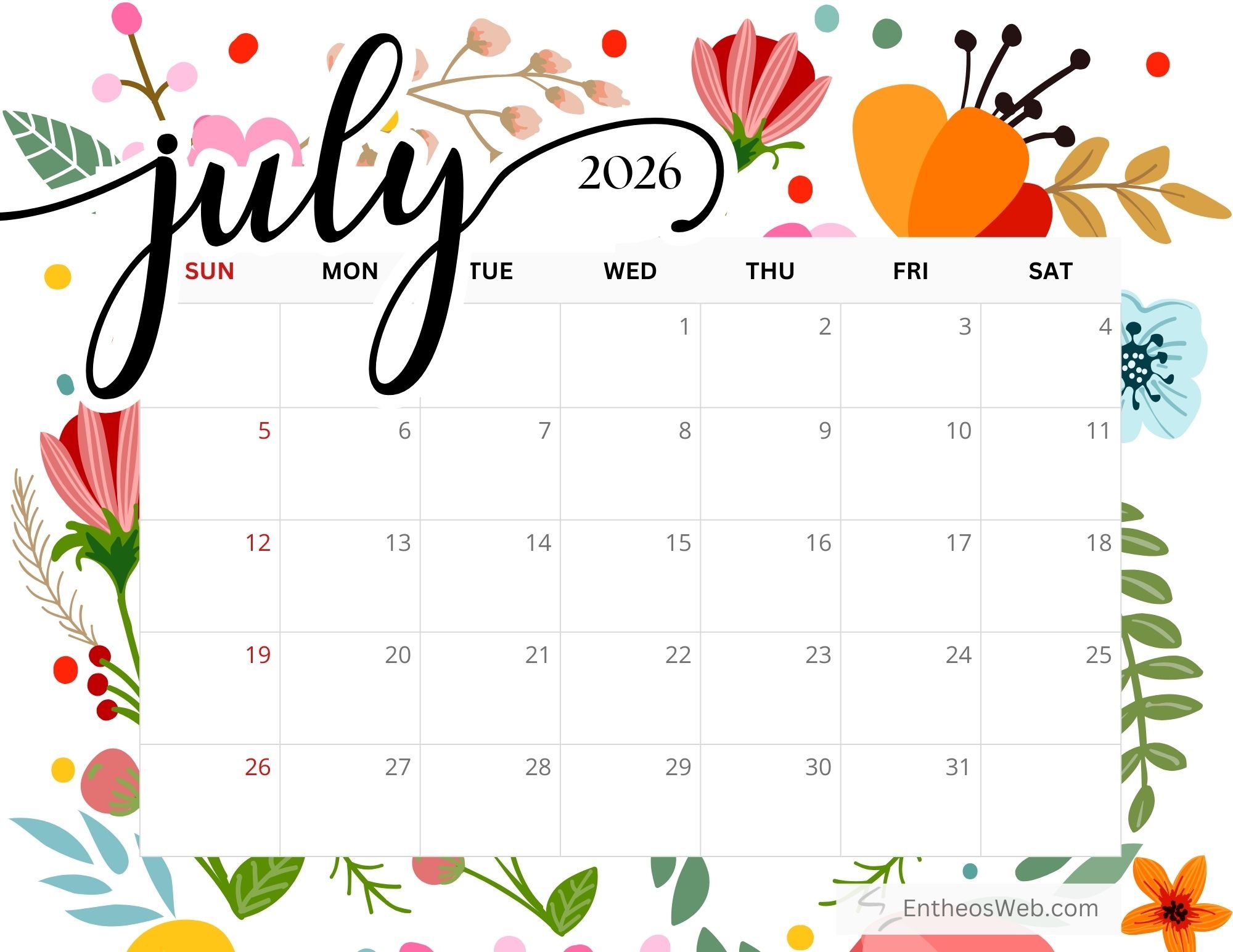 July 2026 Calendar Pdf Printable Free