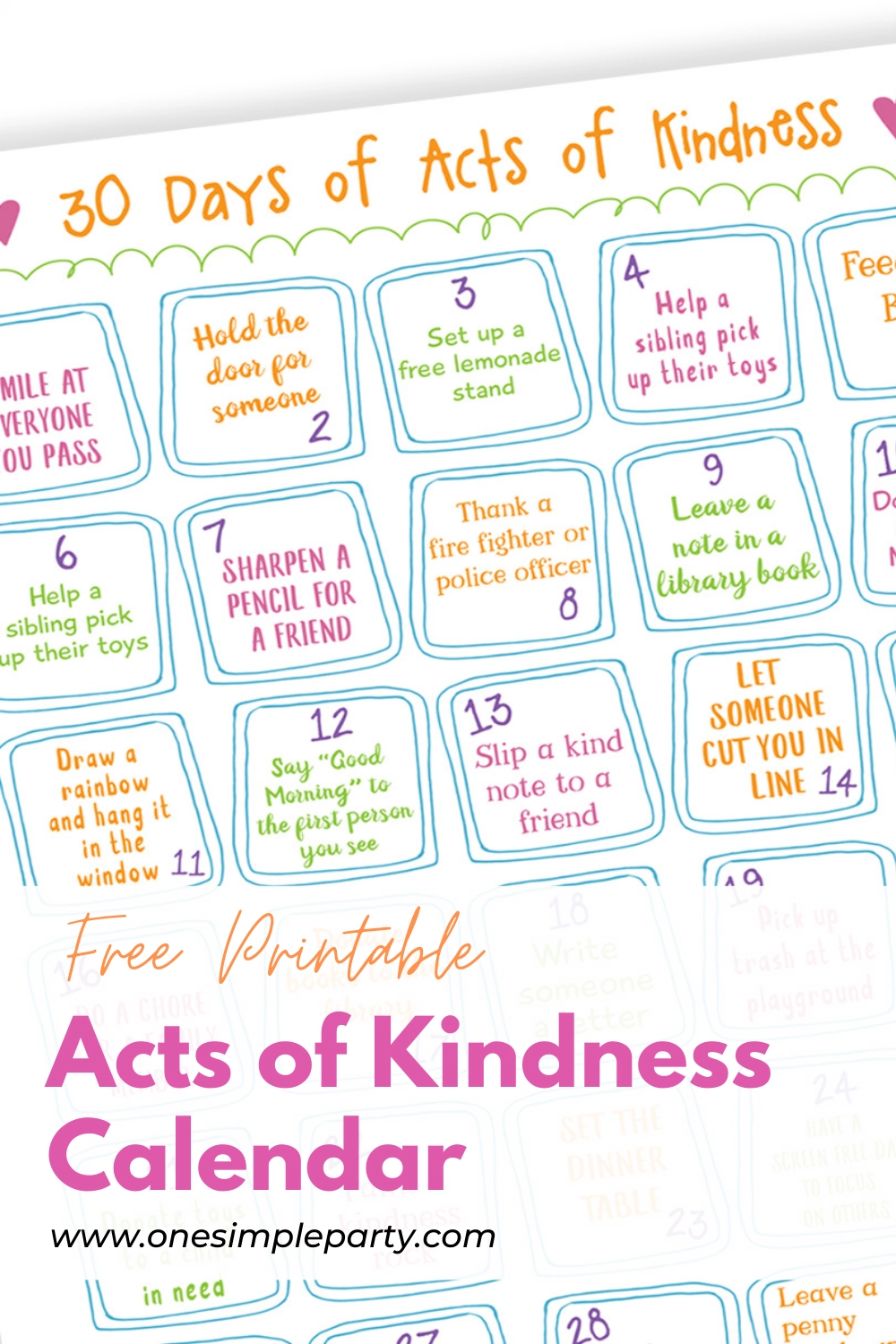 Free Printable Kindness Calendar For Kids 