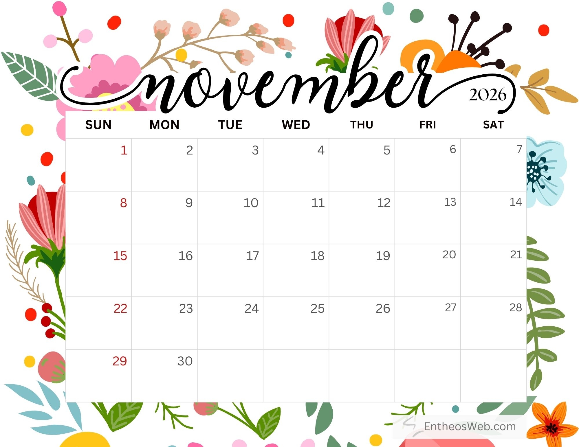 Free Printable November 2026 Calendars EntheosWeb Free Printable November 2026 Calendars EntheosWeb
