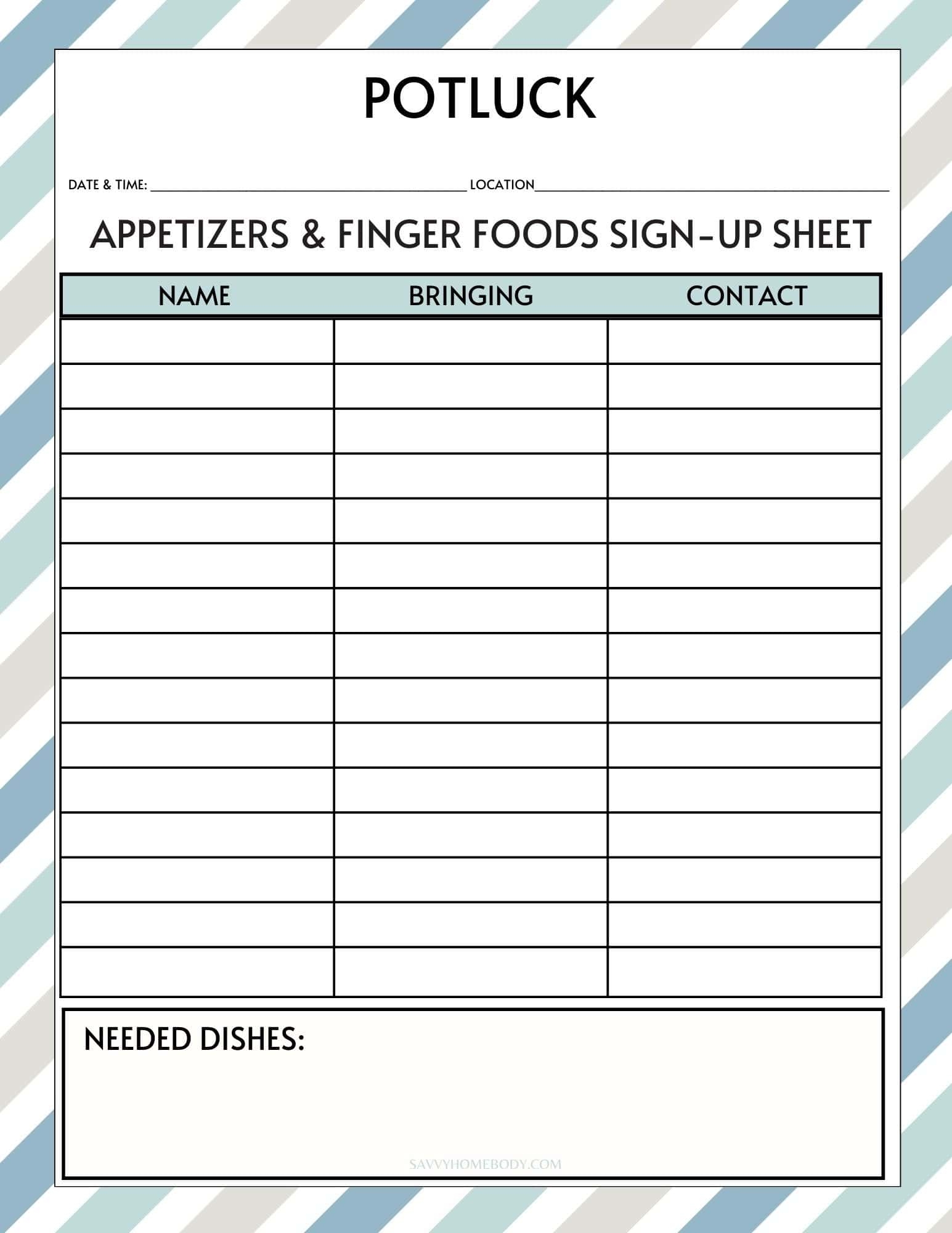 Printable Food Sign Up Sheet