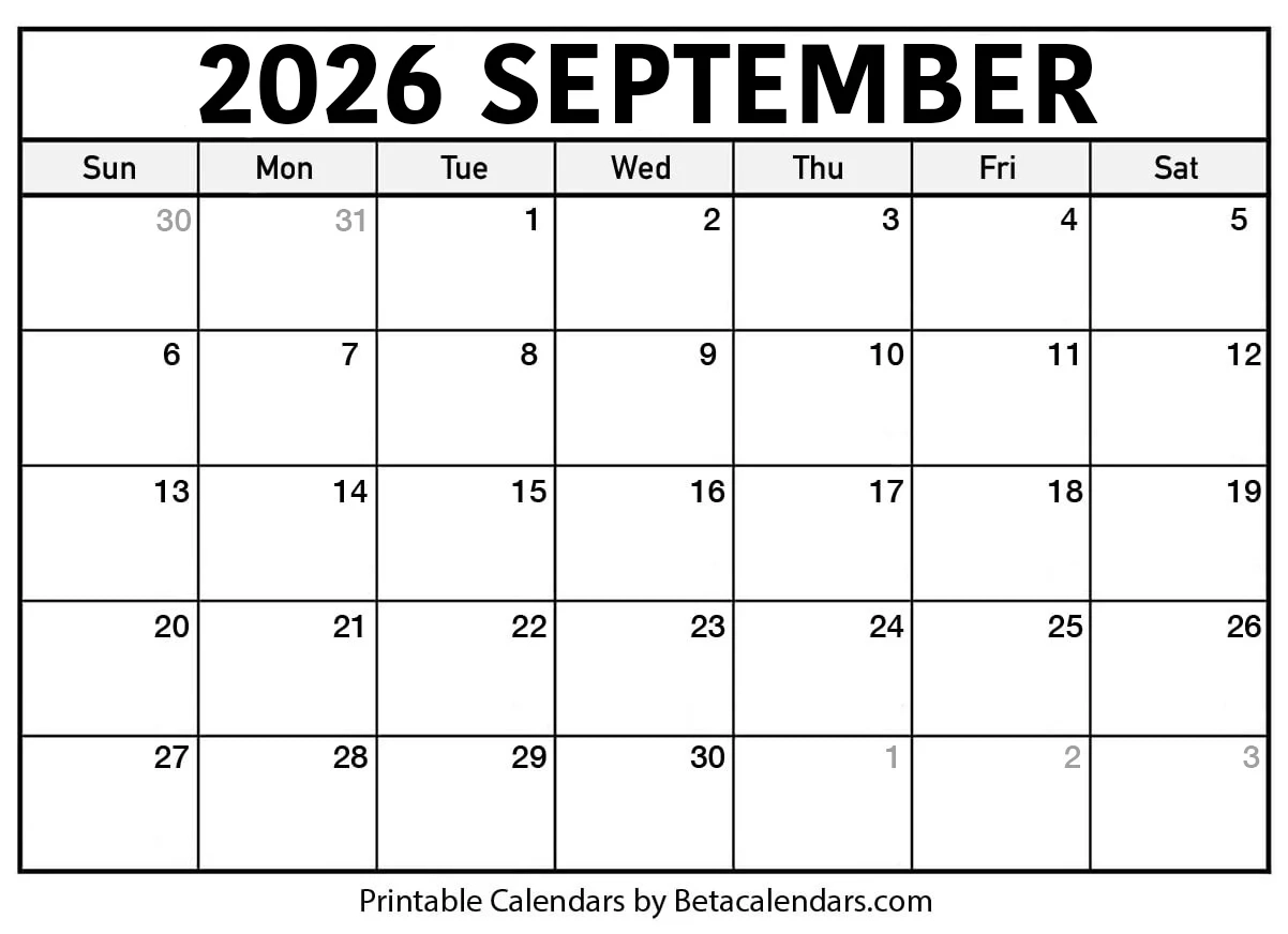 Free Printable September 2026 Calendar