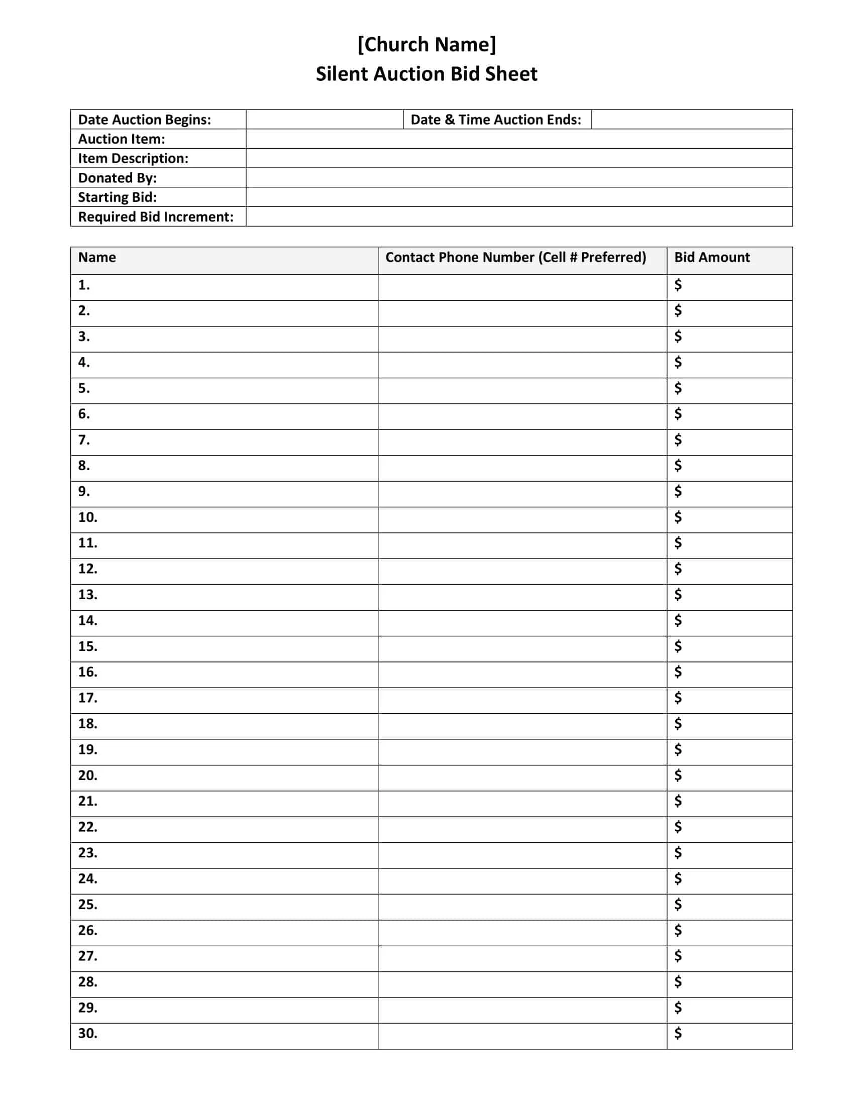 Free Printable Silent Auction Bid Sheet Templates PDF Examples Ideas
