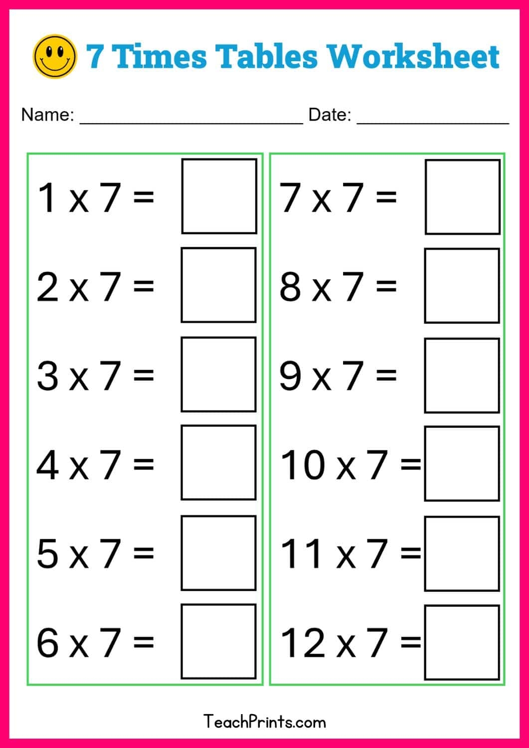 Free Printable 7 Times Table Worksheet
