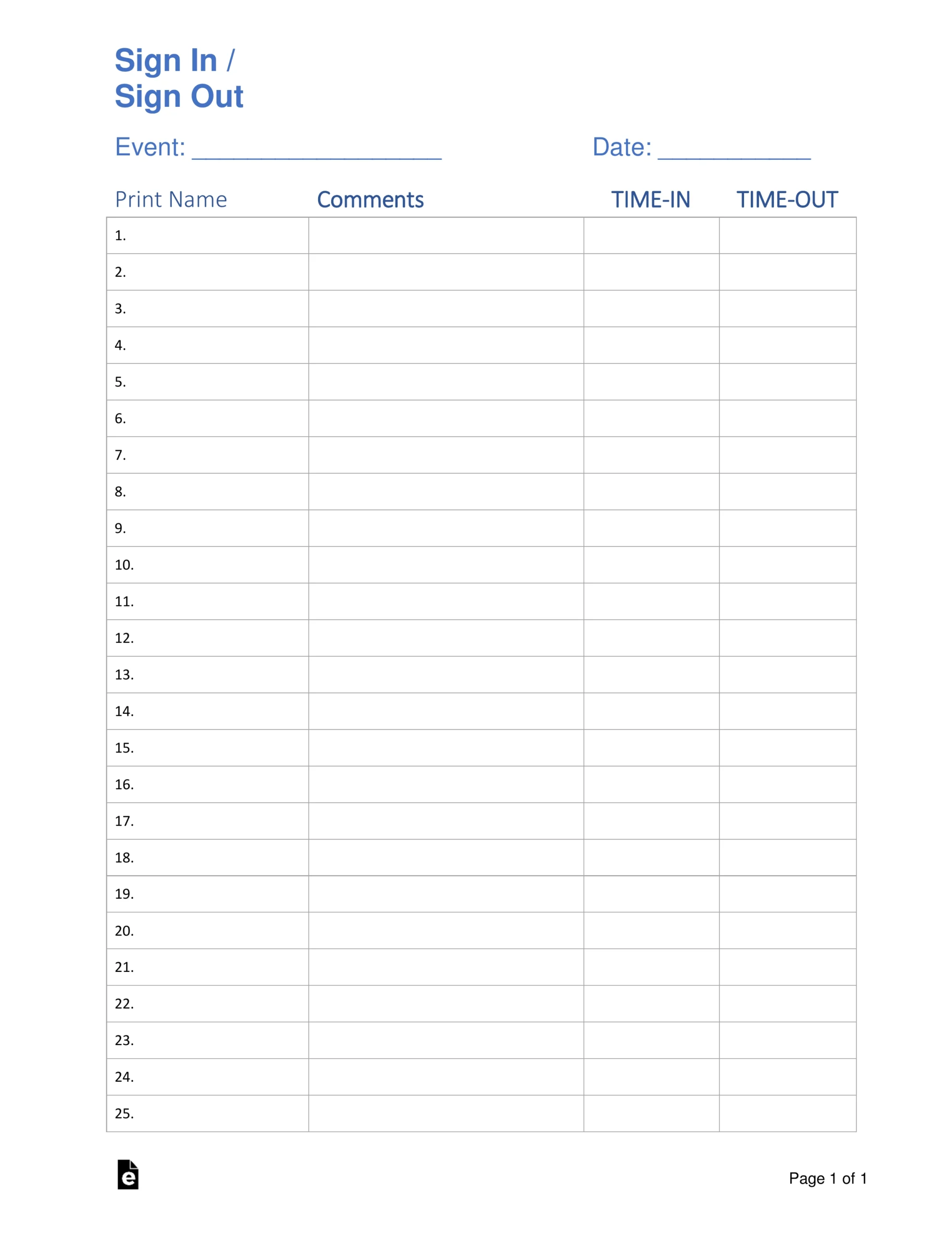 Sign In Sheet Printable Free Download