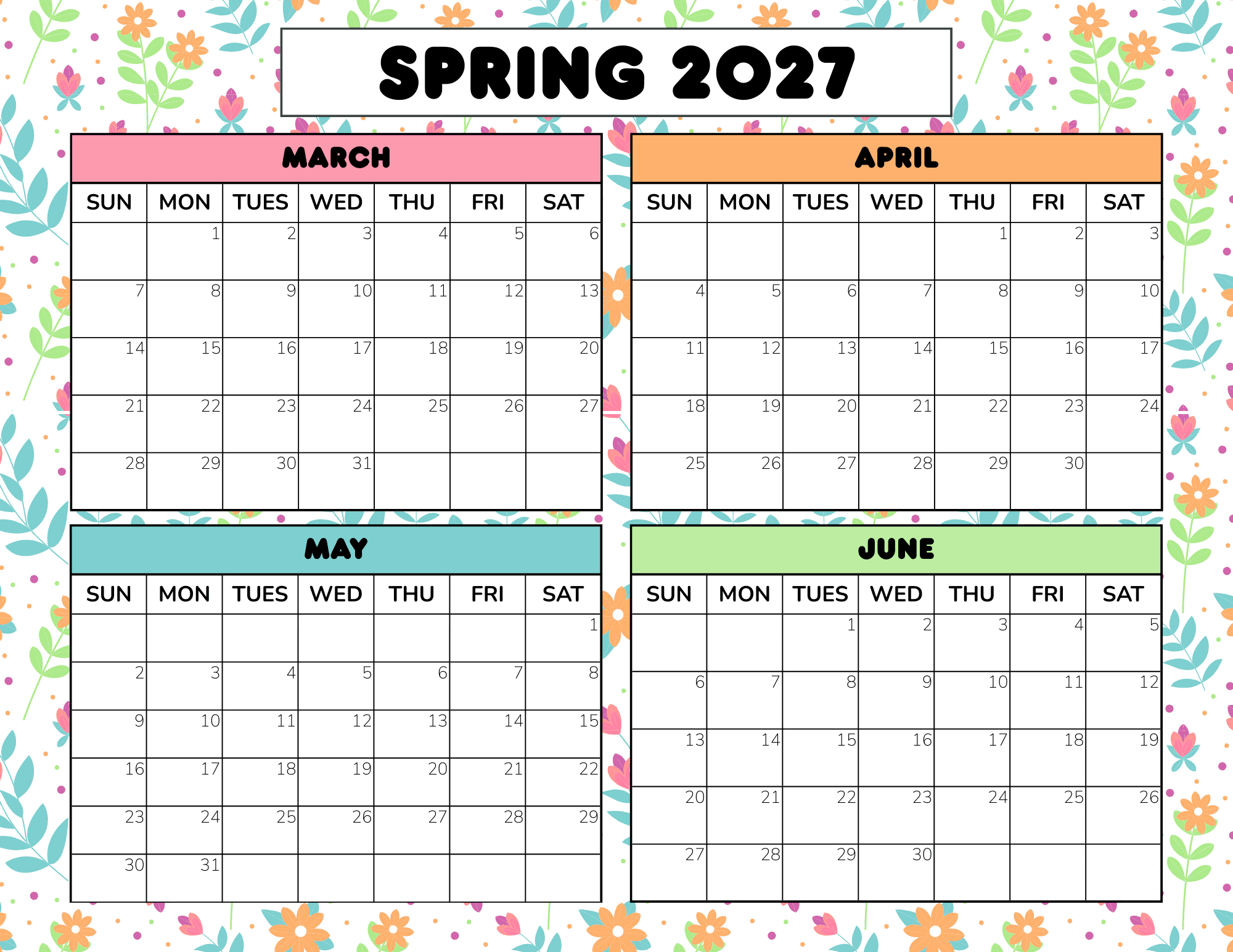 Free Spring Calendar Printable 2026 2027 PDF