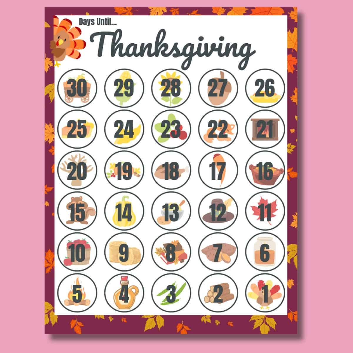 FREE Thanksgiving Countdown Calendar Printable
