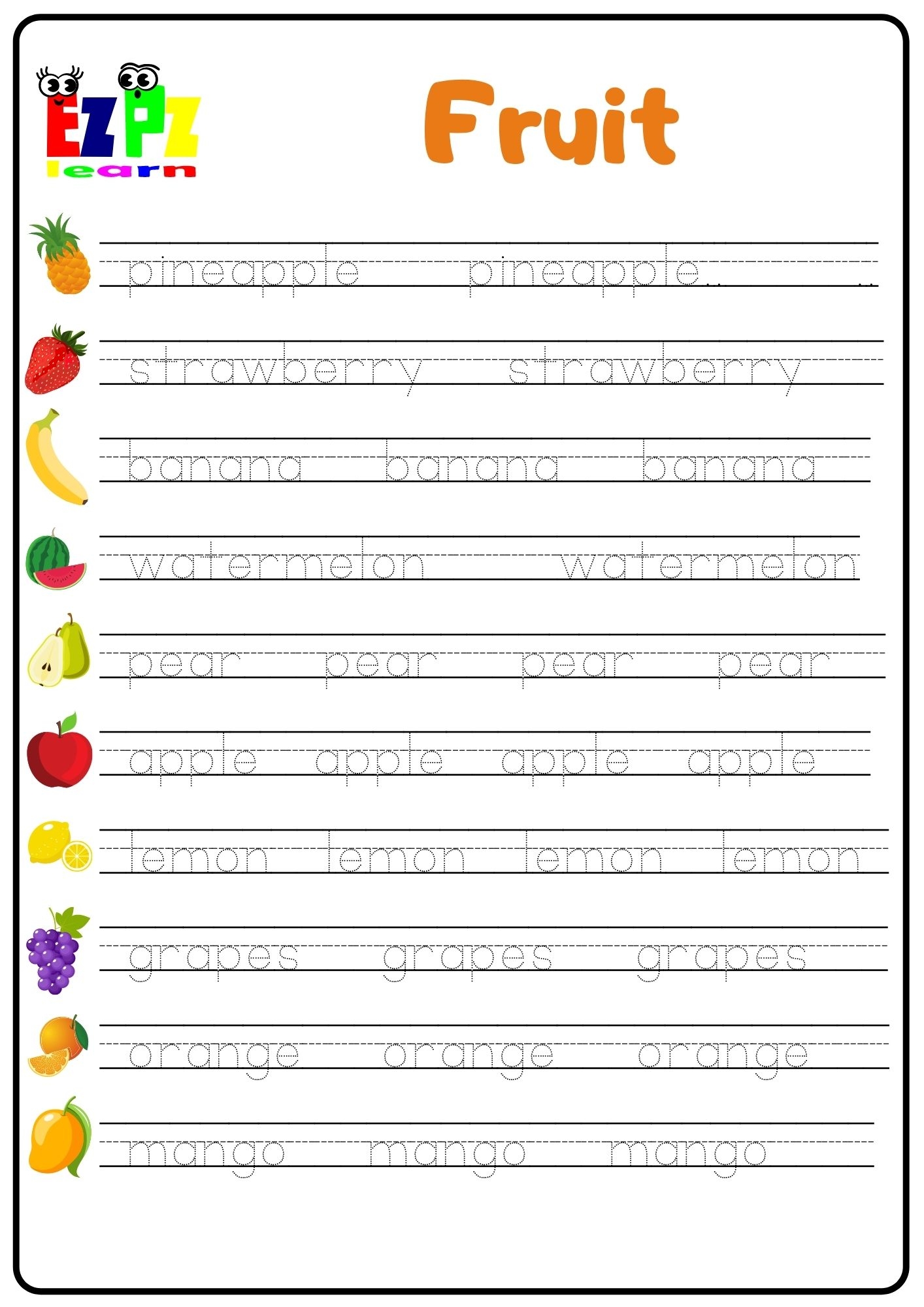 Printable Fruit Tracing Worksheet