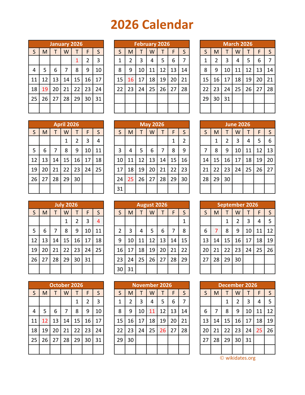 2026 One Page Printable Calendar