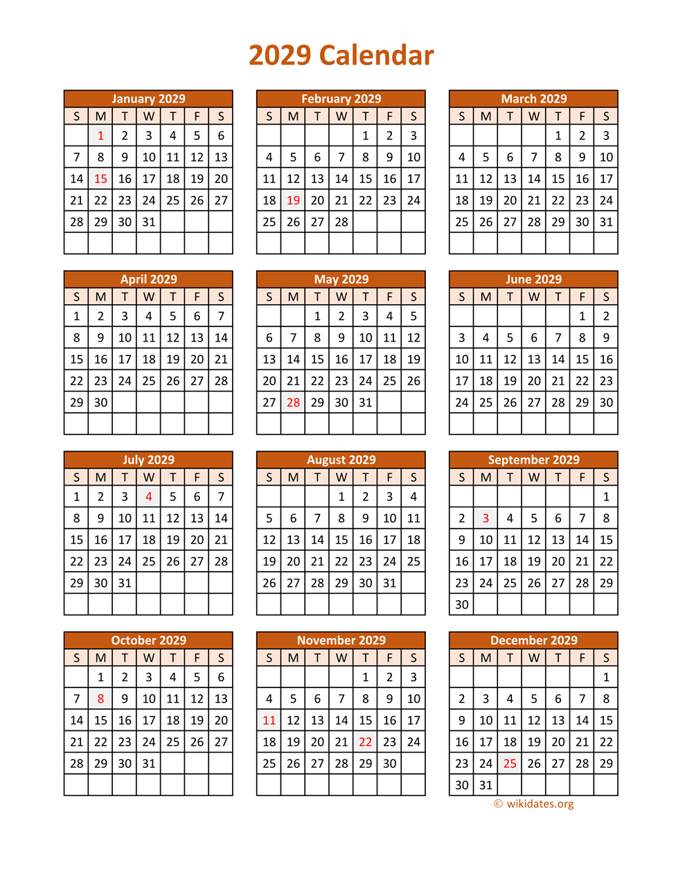 2029 Calendar Printable 2029 Calendar Printable