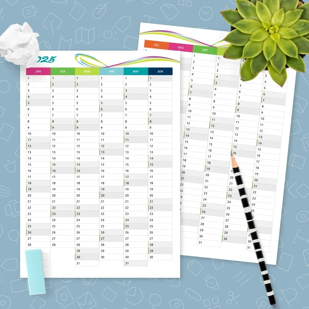 Full Year Vertical Calendar Template Printable PDF