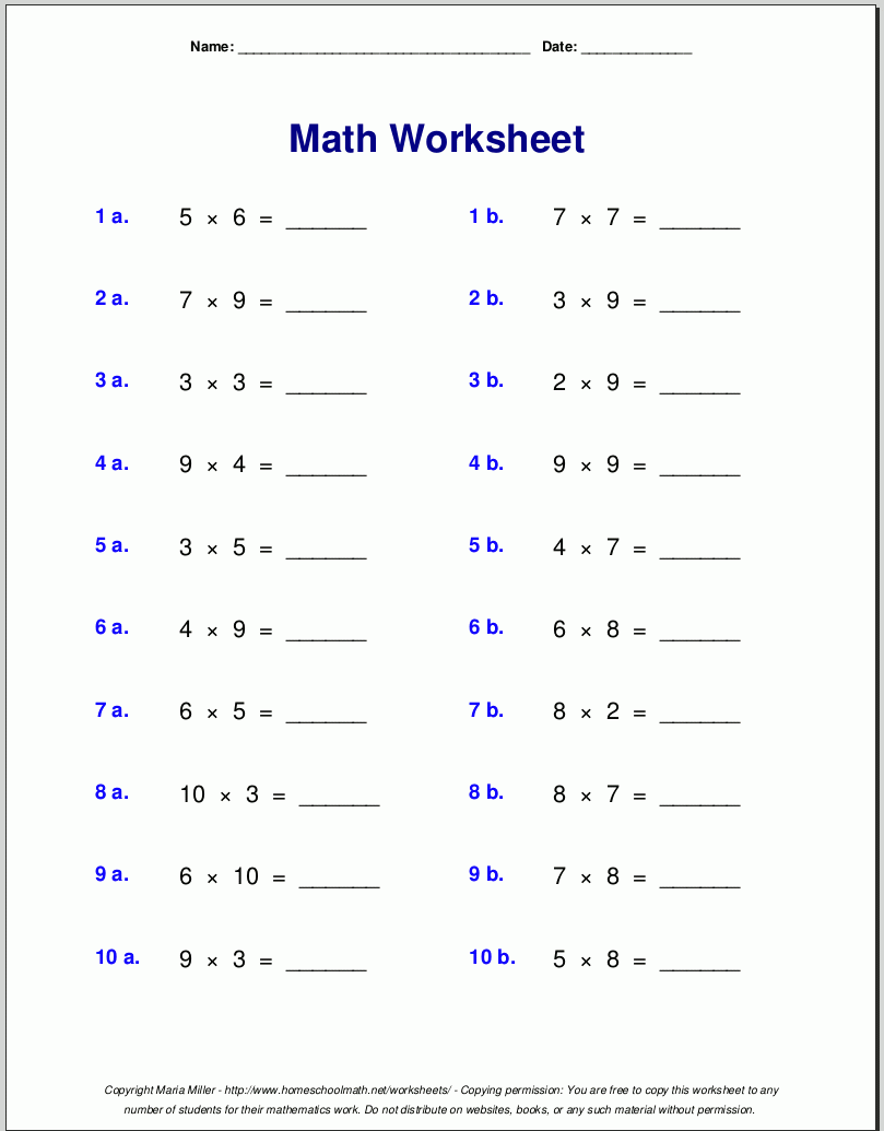 Printable Free Multiplication Worksheets