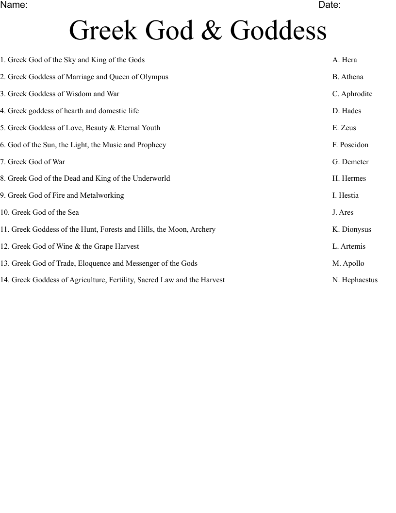 Greek God Goddess Worksheet WordMint