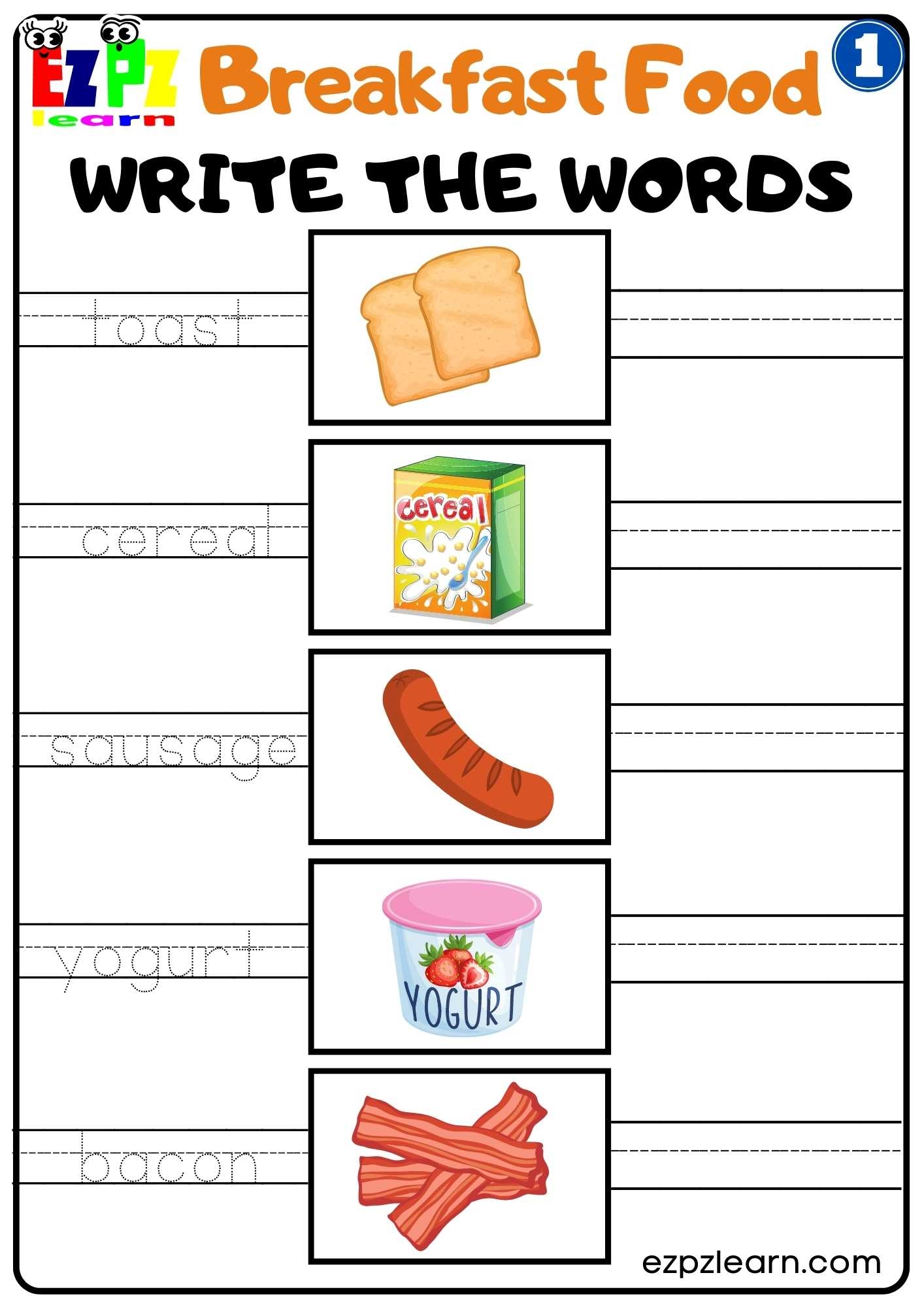 Group 1 Breakfast Food Vocabulary Write The Words Worksheet For K5 And ESL Students Free PDF Download Ezpzlearn