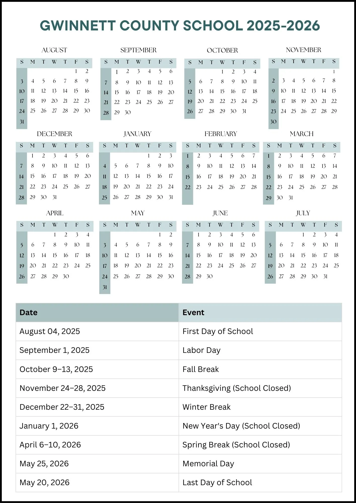 Gwinnett County School Calendar 2025 2026 Dates 