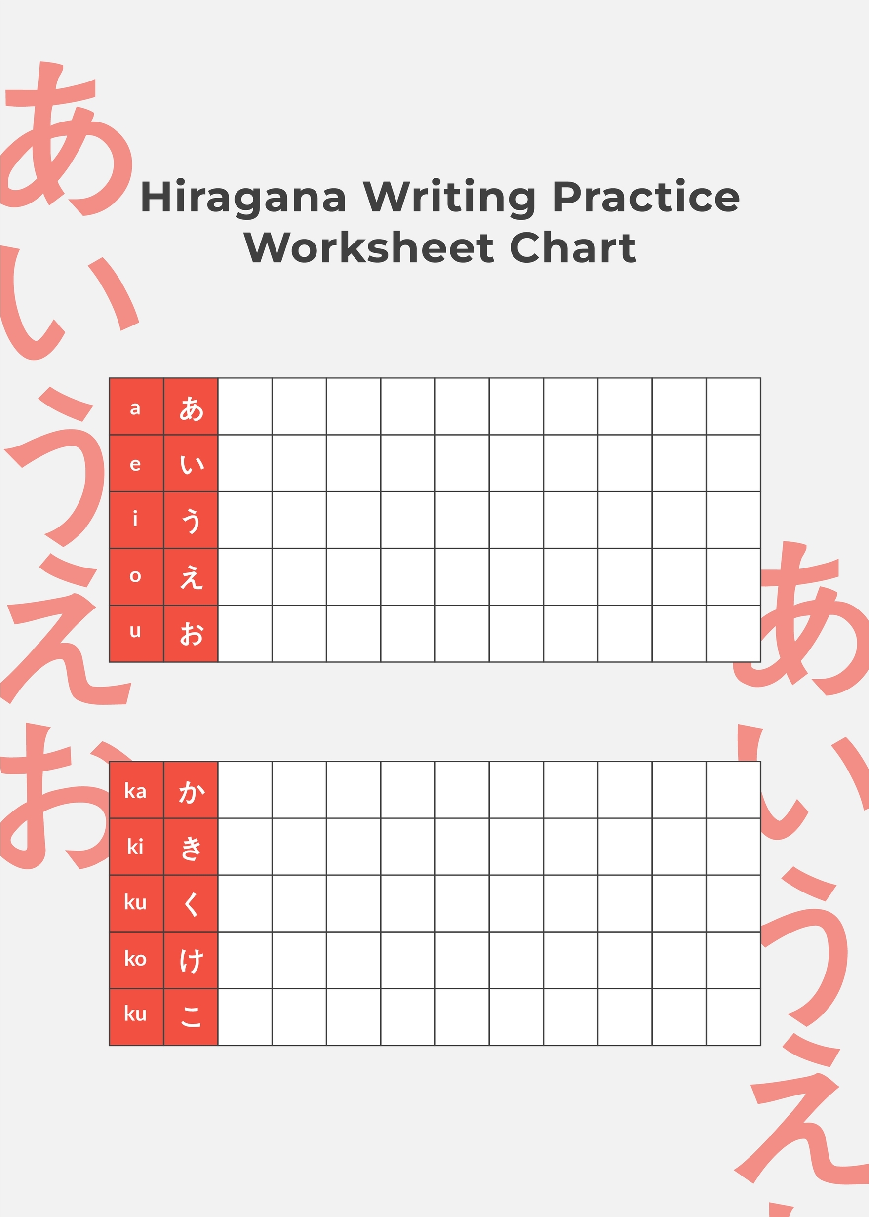Hiragana Writing Practice Worksheet Chart In Illustrator PDF Download Template