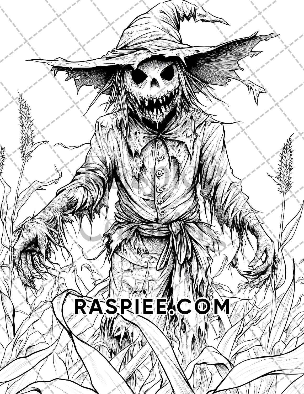 Horror Scarecrow Halloween Adult Coloring Pages Printable PDF Instant RASPIEE