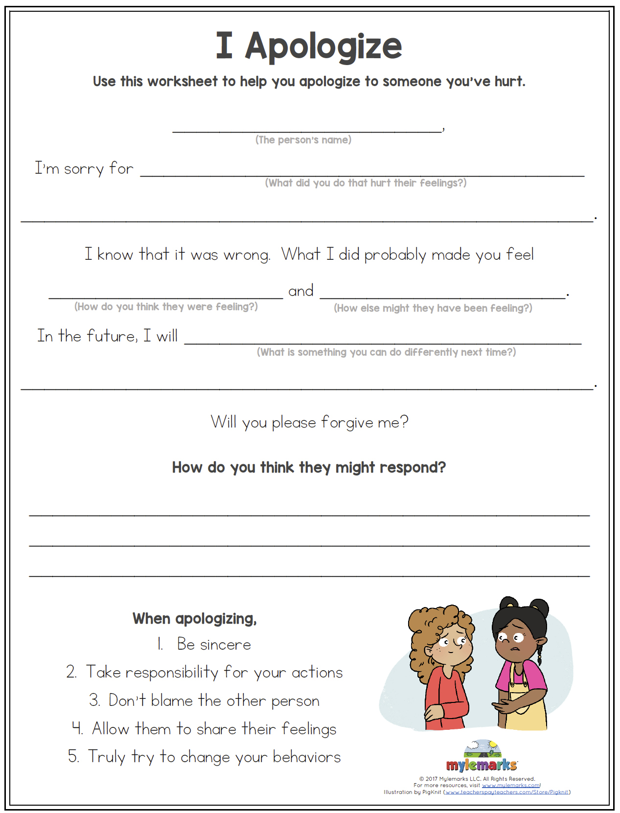 Printable Apology Worksheet