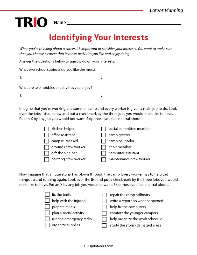 Identifying Your Interests Activity Sheet TRIO Printables