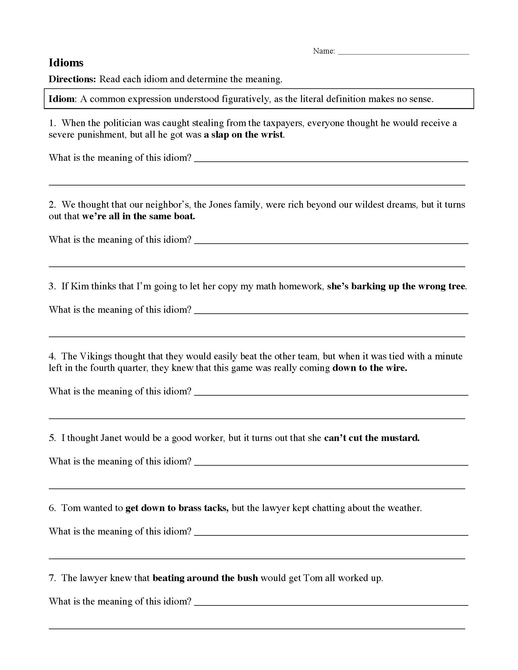 Free Printable Idiom Worksheets
