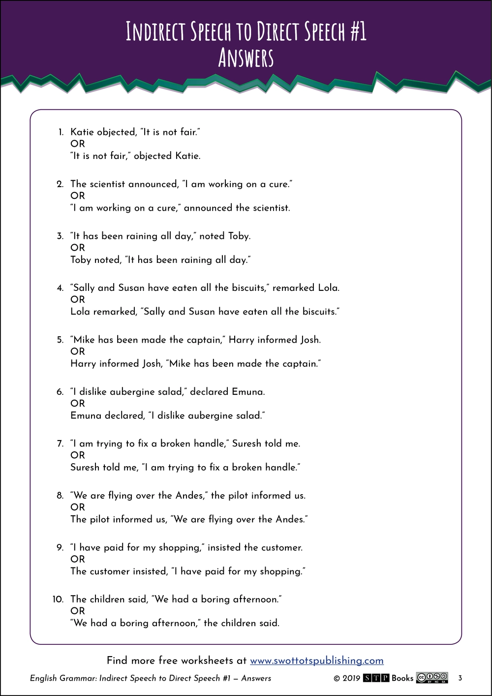 Indirect Direct Speech English Worksheet 01 STP Books
