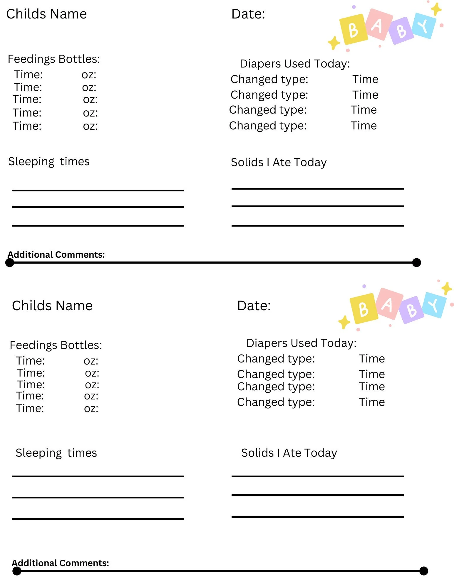 Infant Daily Sheet Printable