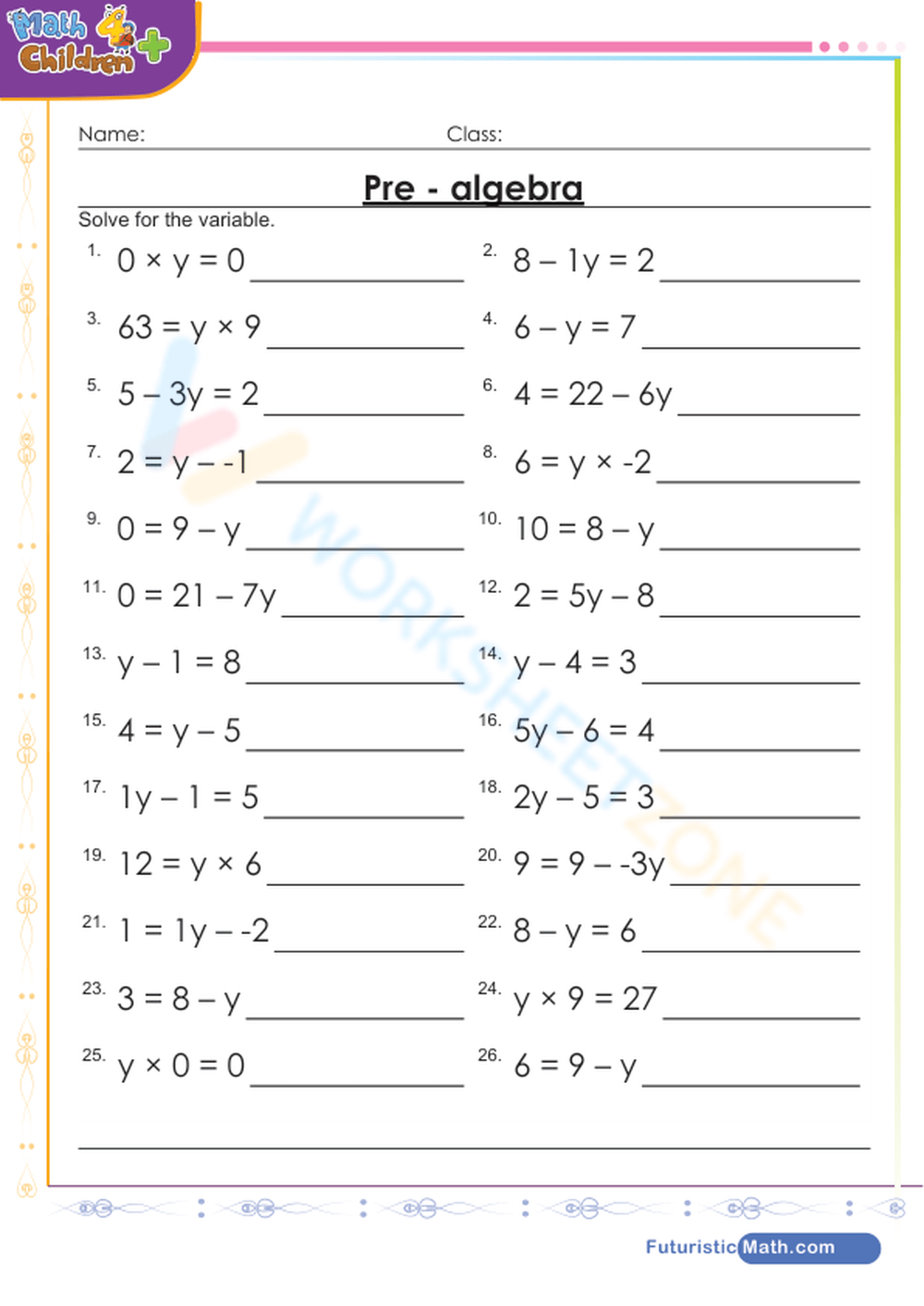 Introduction Pre Algebra Math Worksheet