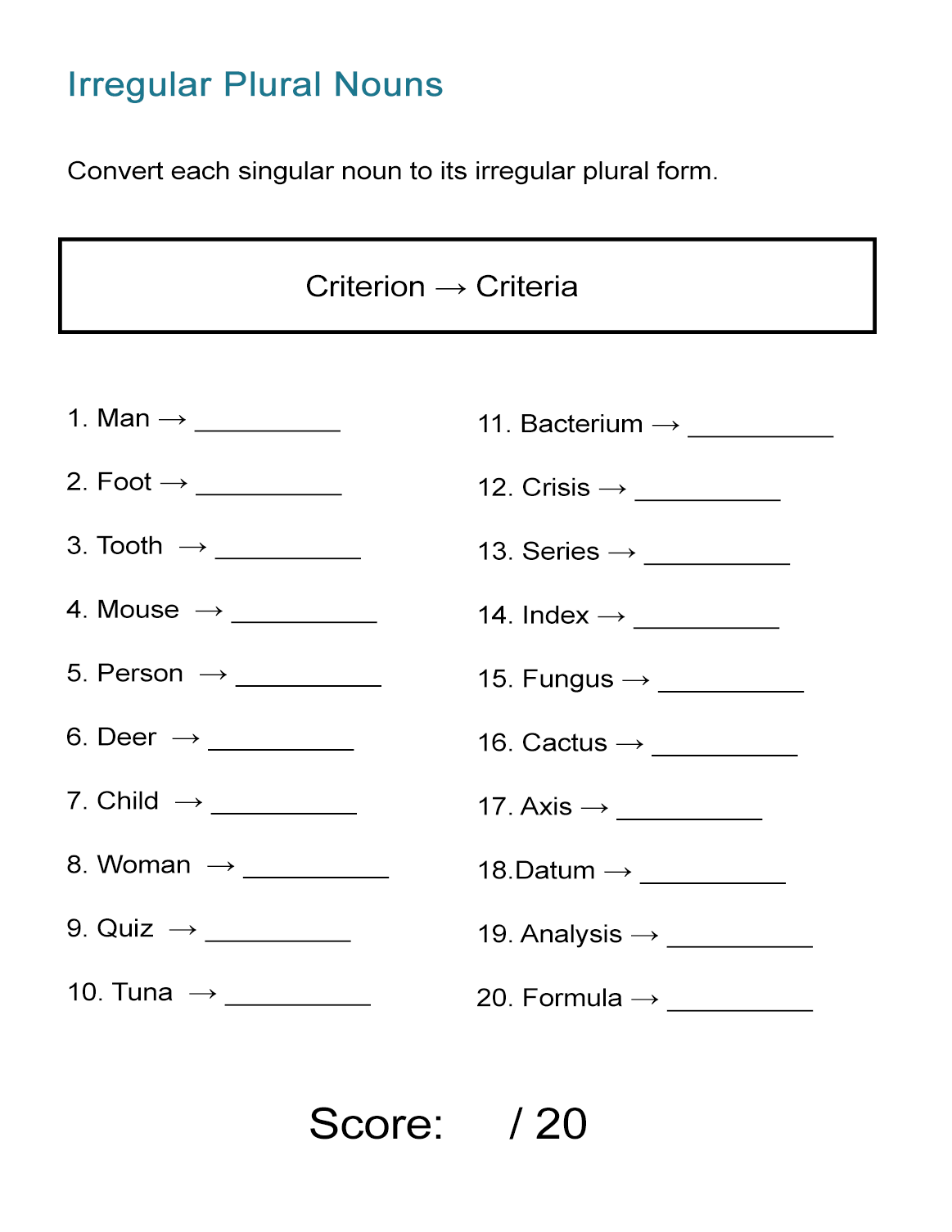 Free Printable Irregular Plural Nouns Worksheet