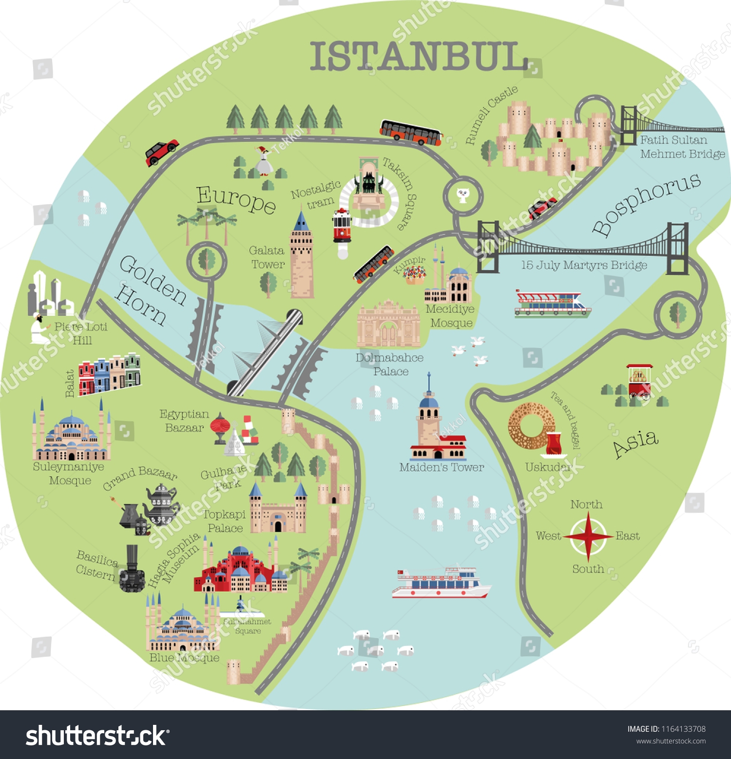 Istanbul Tourist Map Illustration Flat Style Stock Vector Royalty Free 1164133708 Shutterstock