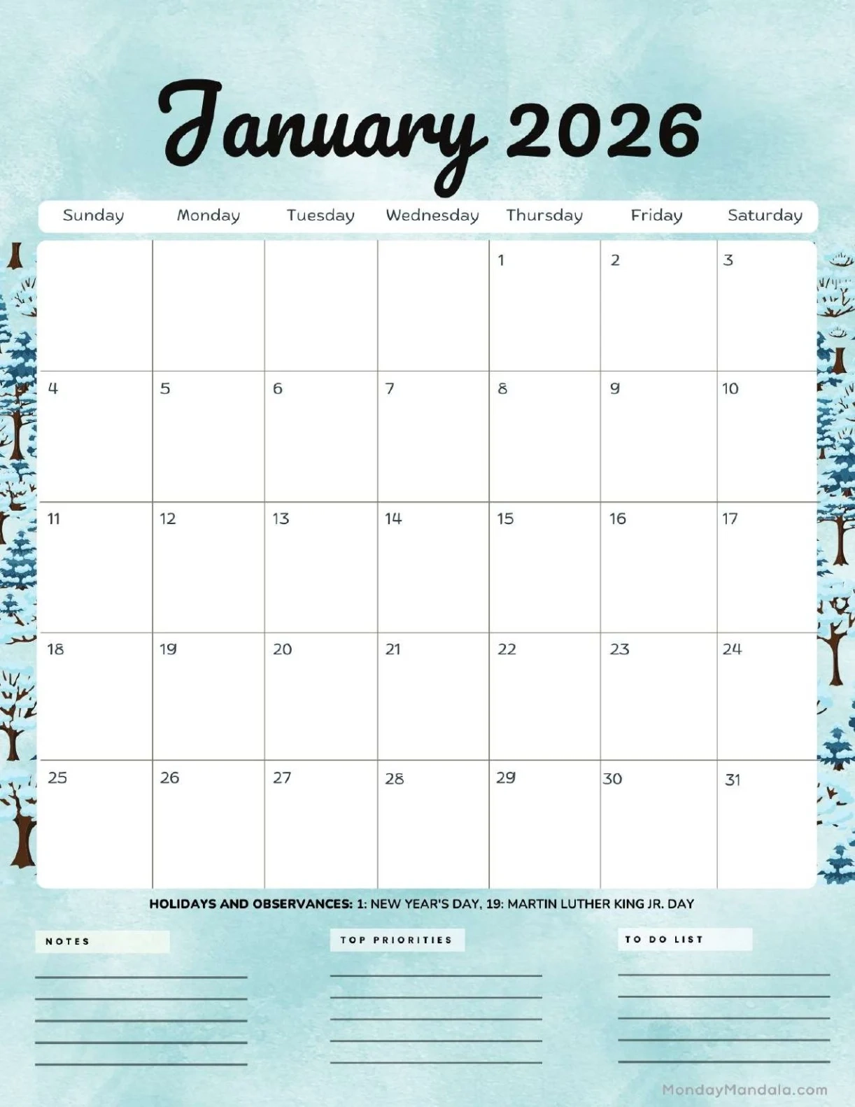 January 2026 Monthly Calendar Printable
