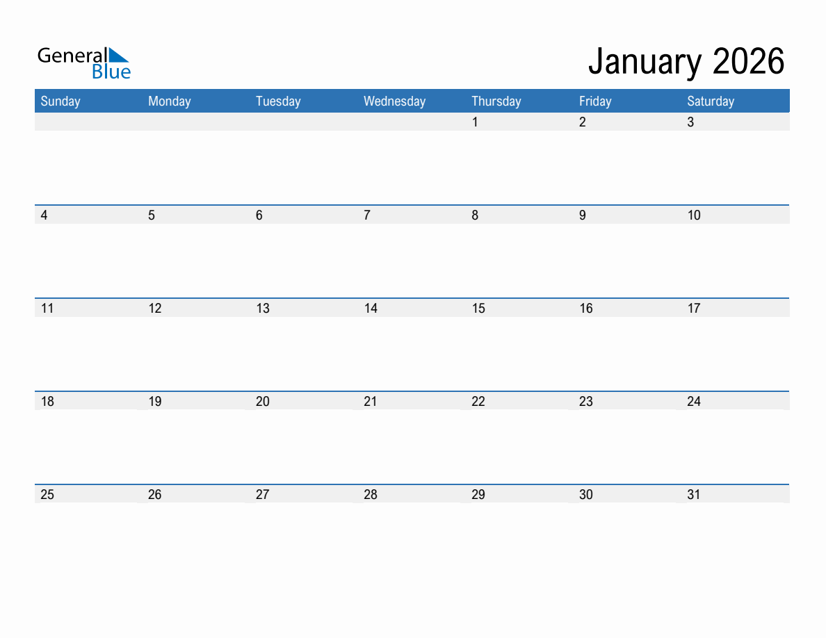 January 2026 Monthly Calendar PDF Word Excel 