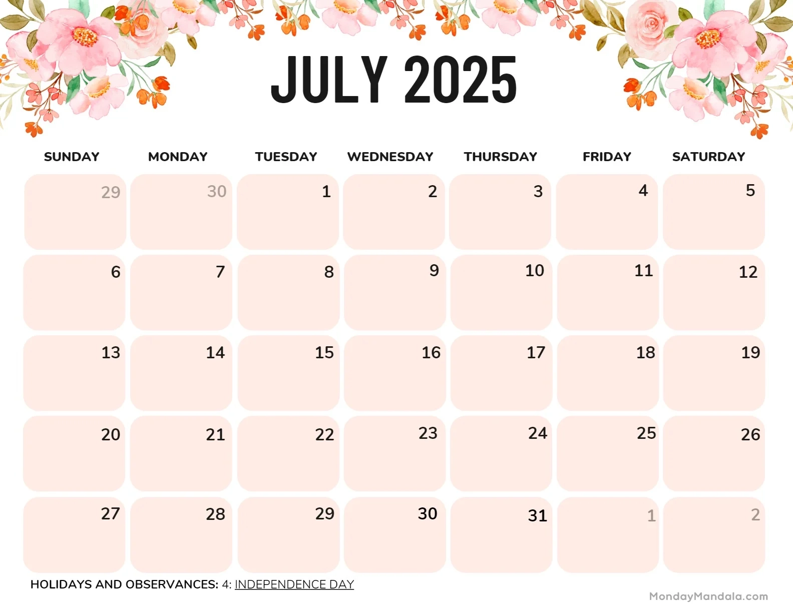 Printable July Calender