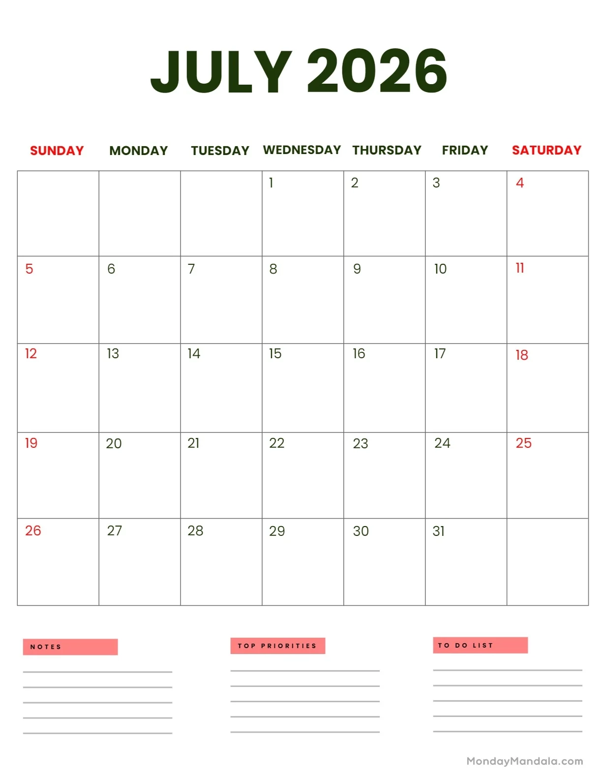 July 2026 Calendars 52 Free PDF Printables 