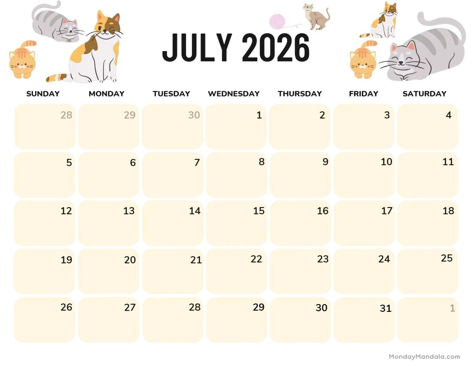 Calendar July 2026 Free Printable