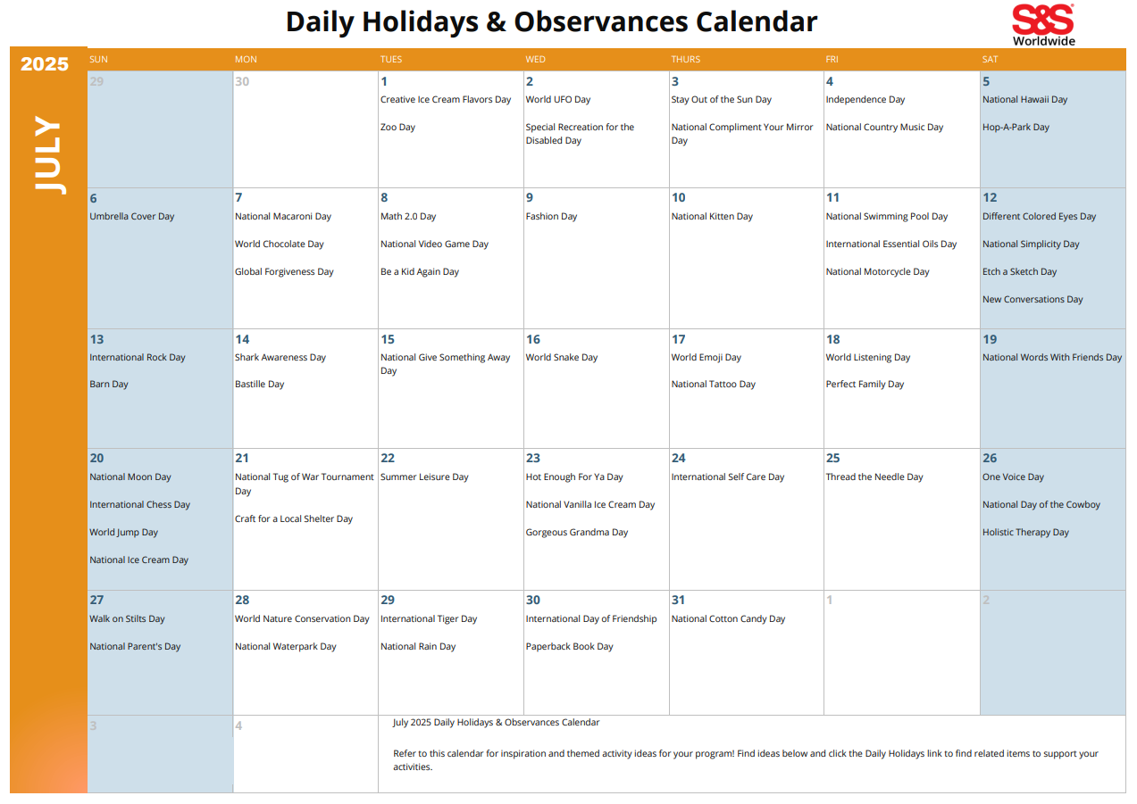 July Daily Holidays Observances Printable Calendar S S Blog