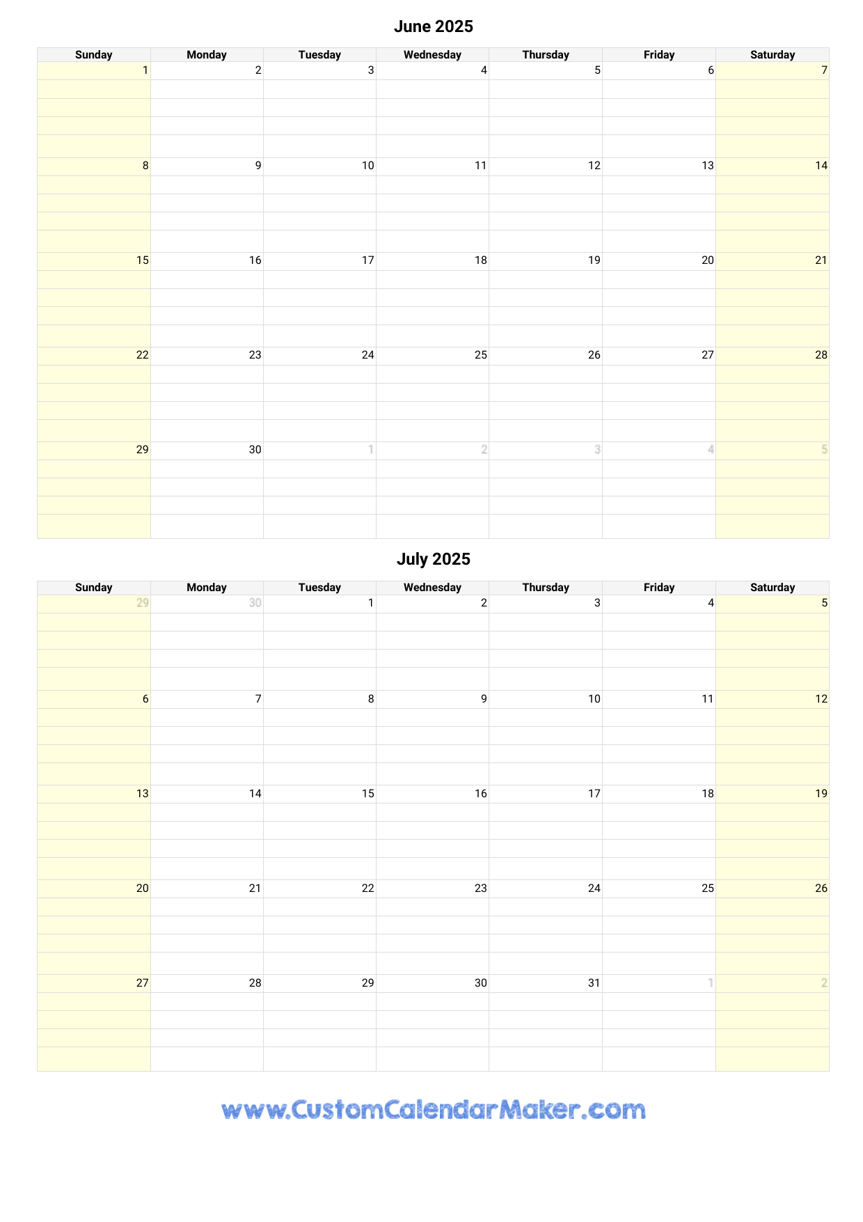 June And July 2025 Calendar Custom Calendar Maker