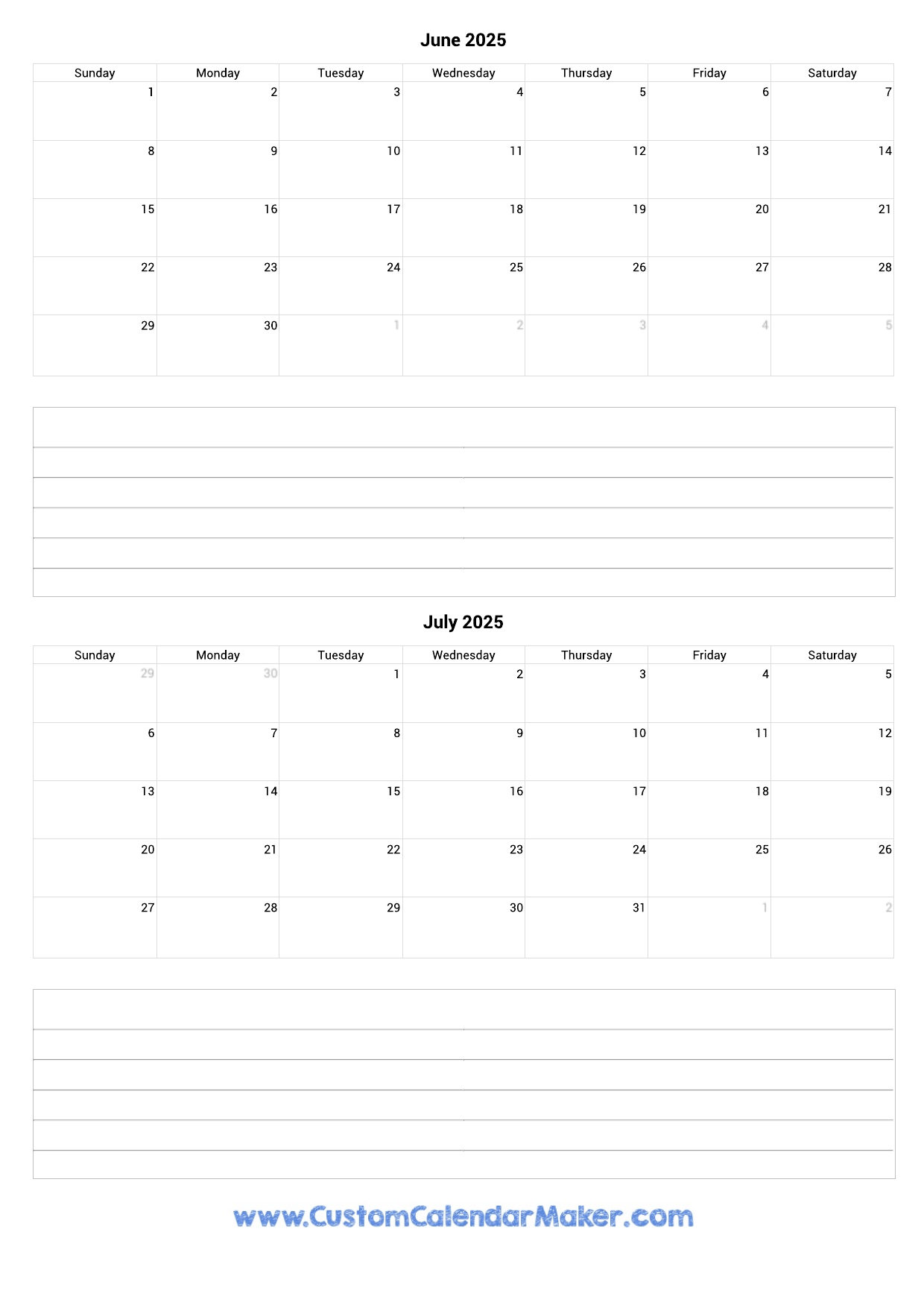 June July Printable Calendar