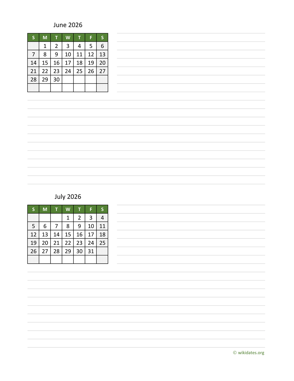 Printable Calendar June And July 2026