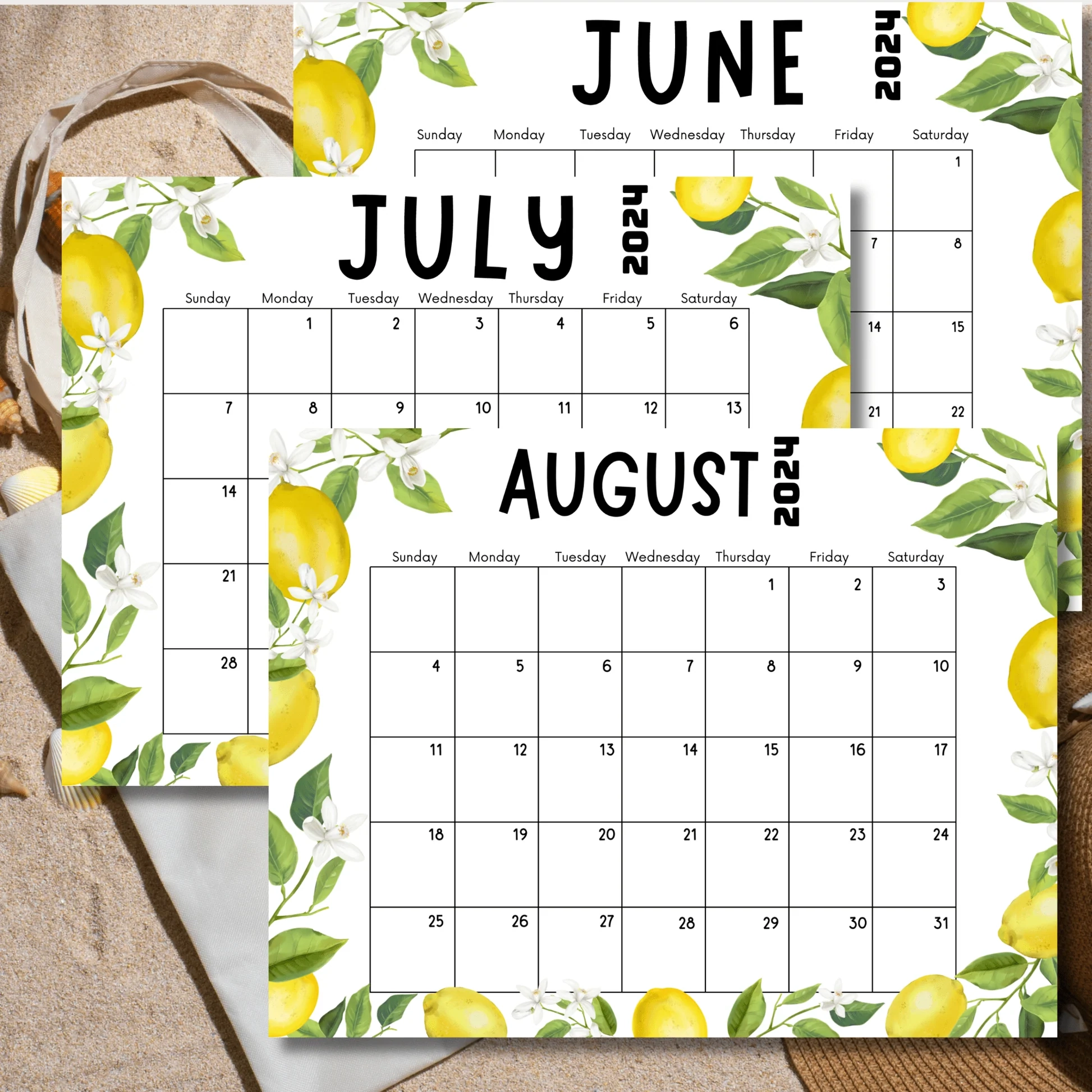 June July August Free 2024 Printable Monthly Calendar A4 PDF SarsariCreations
