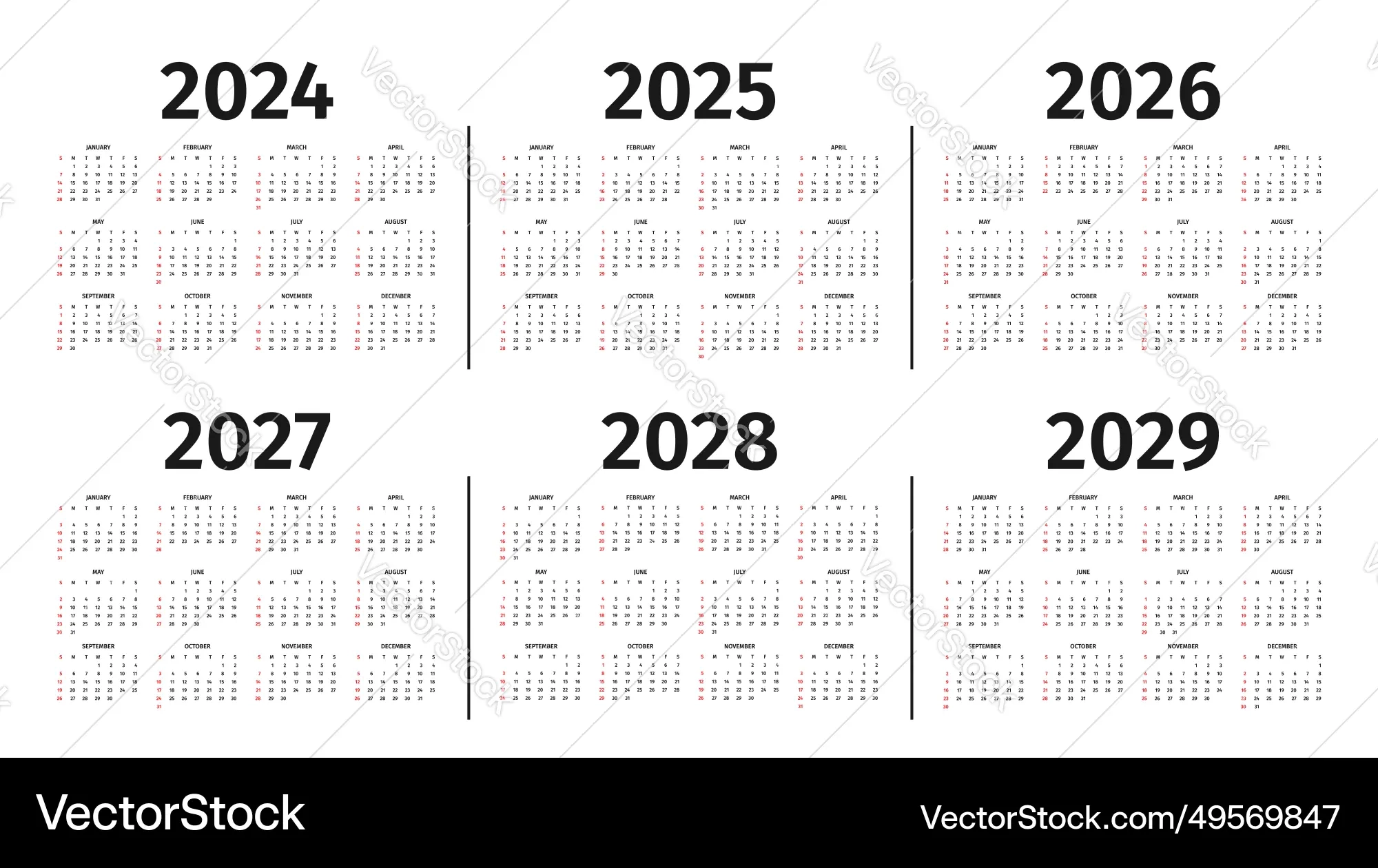 Kalender F r 2024 Bis 2029 Jahre Vorlage Vektorbild Kalender F r 2024 Bis 2029 Jahre Vorlage Vektorbild