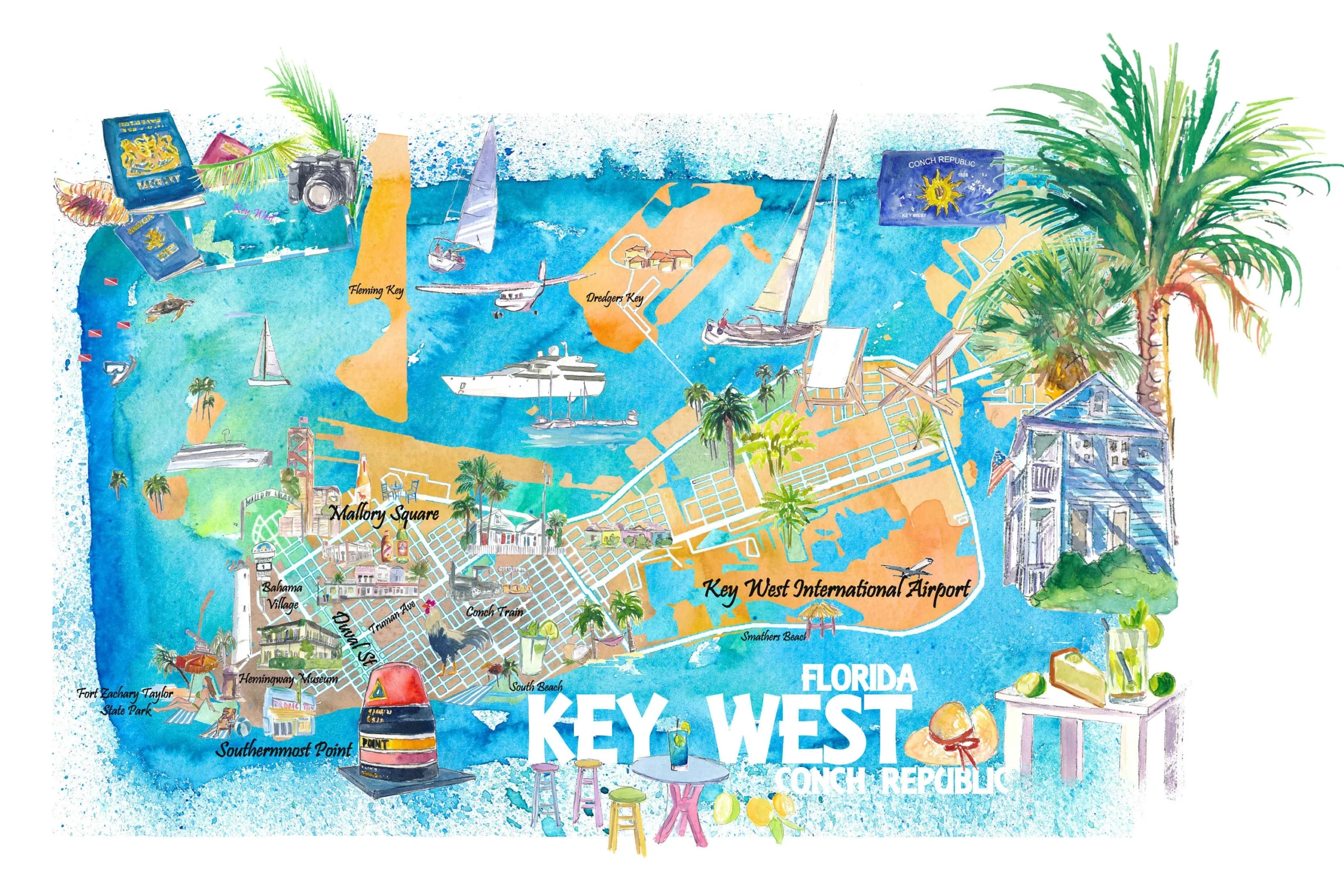 Key West Florida Illustrated Travel Map With Roads And Highlights Etsy