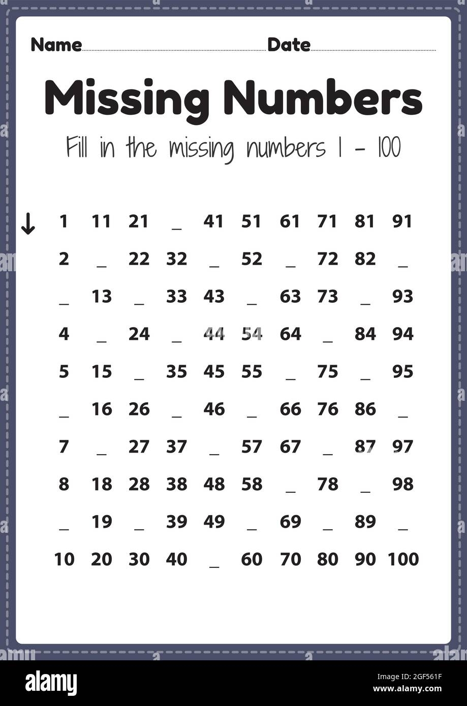Kindergarten Math Worksheets Missing Numbers 1 To 100 Printable Sheet For Preschool Kids Activity To Learn Basic Mathematics Skills Stock Vector Image Art Alamy