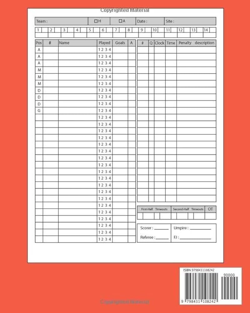 Lacrosse Stat Book Lacrosse Scorebook 24 Player Men S Score Keeping Book 30 Mens Lacrosse Scorebook