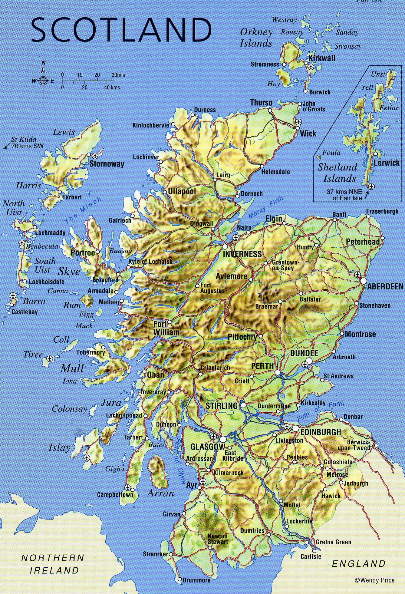 Large Detailed Map Of Scotland With Relief Roads Major Cities And Airports Scotland United Kingdom Europe Mapsland Maps Of The World