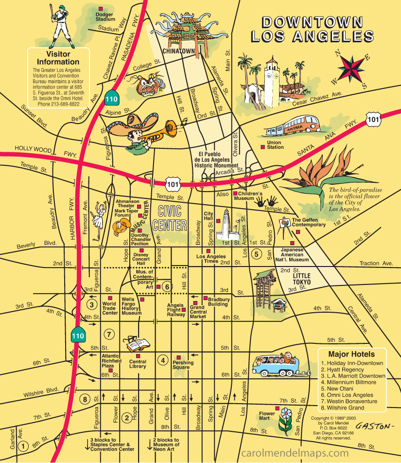 Map Of Downtown Los Angeles With Pictorial Illustrations Map Of Downtown Los Angeles With Pictorial Illustrations