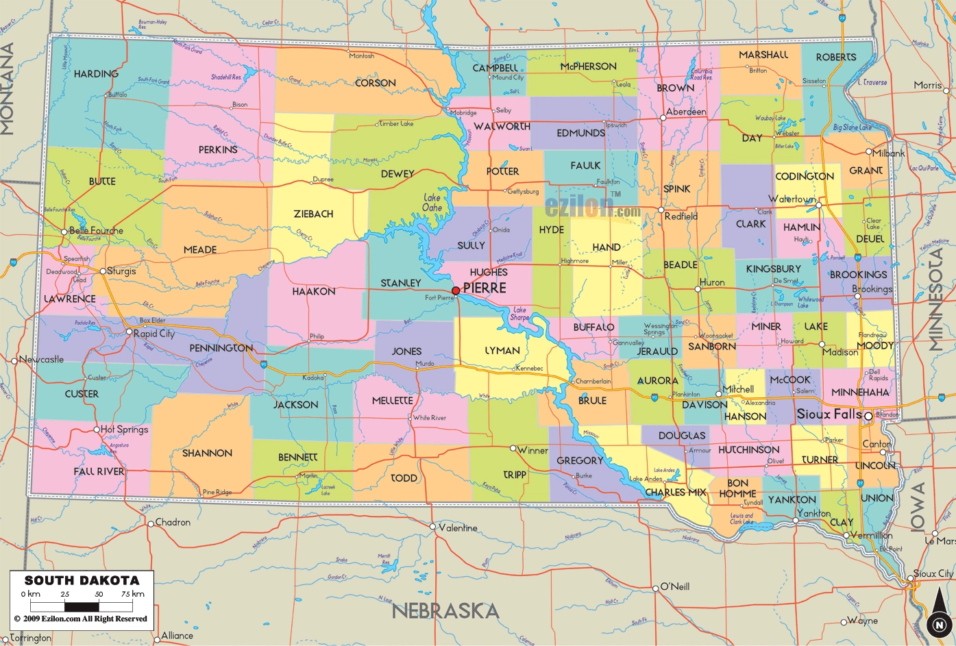 Map Of South Dakota Detailed South Dakota Map With Cities Counties And Roads Ezilon Maps
