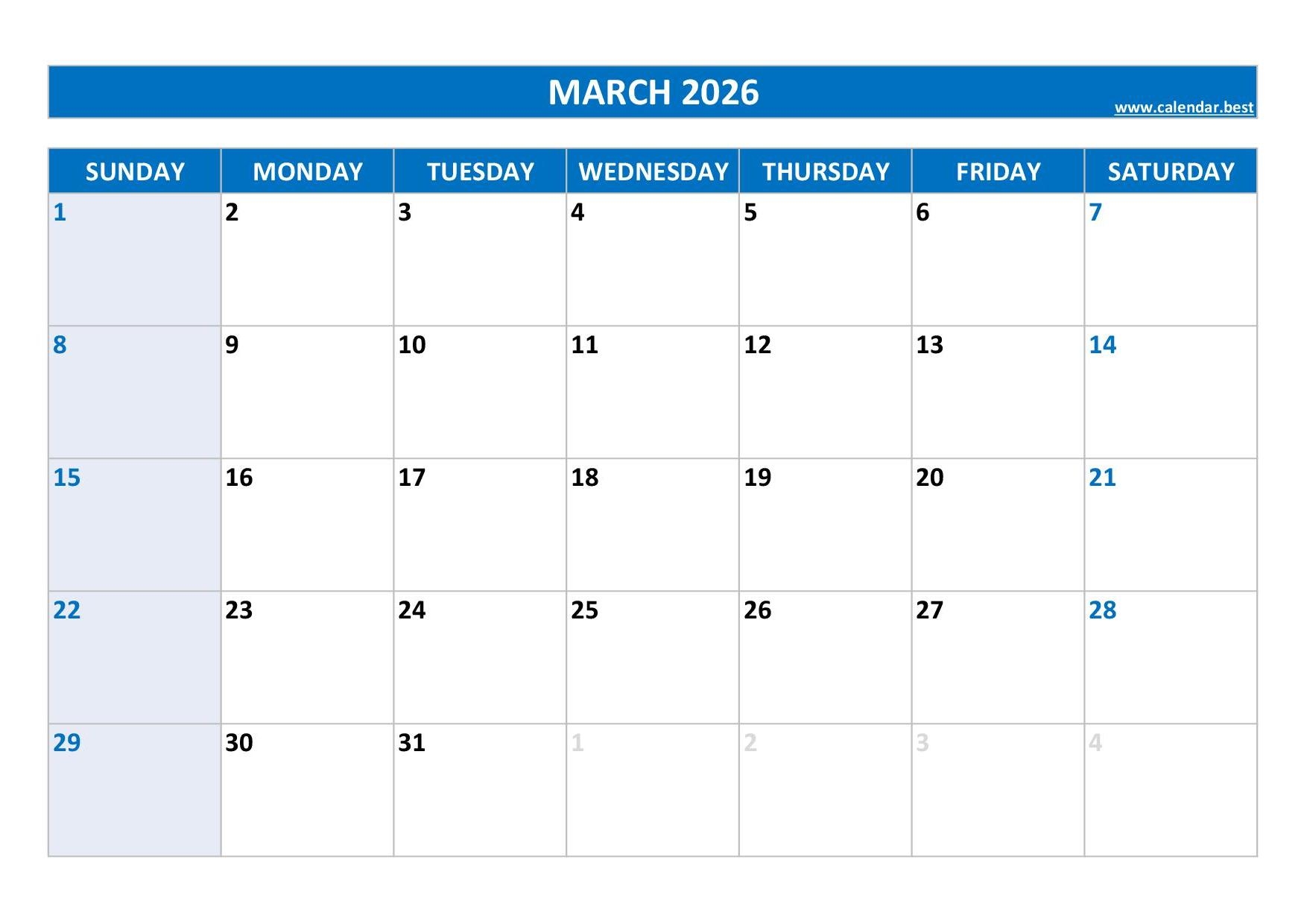 Free Printable Calendar March 2026